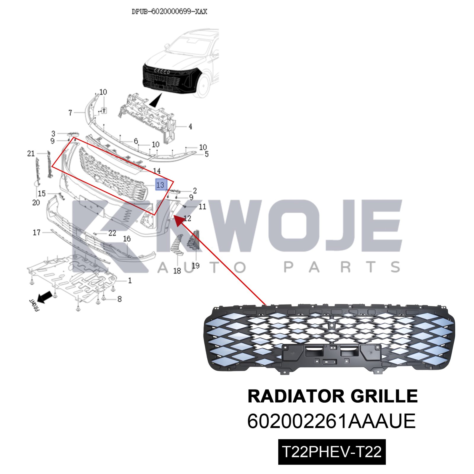 Chinese Car Parts Radiator Grille for EXEED RX 602002261AAAUE-T22PHEV ...
